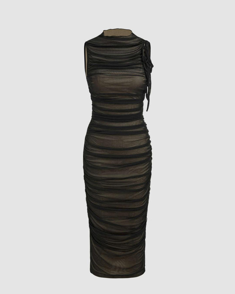 Mesh_Ruched_High_Neck_Sleeveless_Midi_Dress_1024x1024.jpg Sleeveless Mesh Midi Dress With Ruched High Neck - Image 1