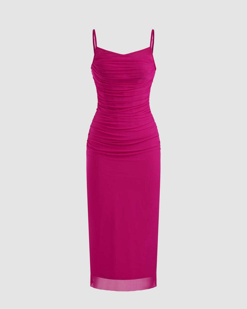 Mesh_Solid_Ruched_Hot_Pink_Midi_Dress_1024x1024.jpg Mesh Solid Ruched Hot Pink Midi Dress - Image 1