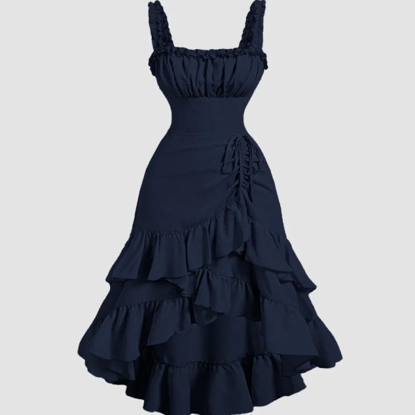 Navy Blue Ruched Square Neck Ruffle High-Low Midi Dress with Ruffle Hem