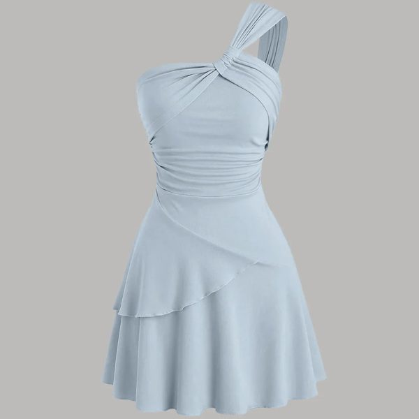 One Shoulder Ruched Layered Mini Dress in Ice Blue