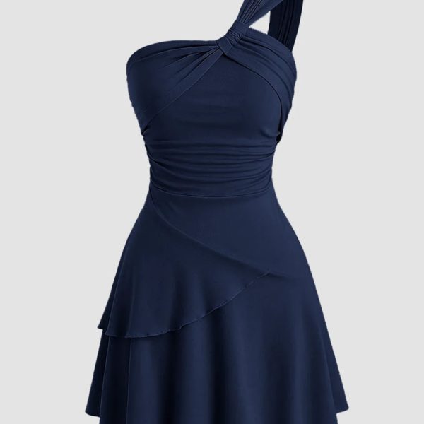 One Shoulder Ruched Layered Mini Dress in Navy Blue