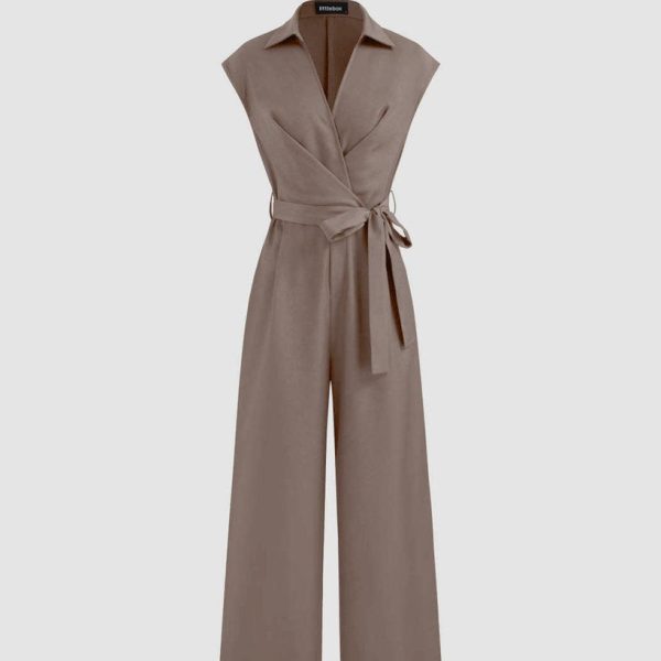 Plain Collar Jumpsuit With Pockets And Belt In Brown