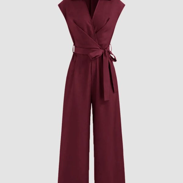 Plain Collar Jumpsuit With Pockets And Belt In Burgundy