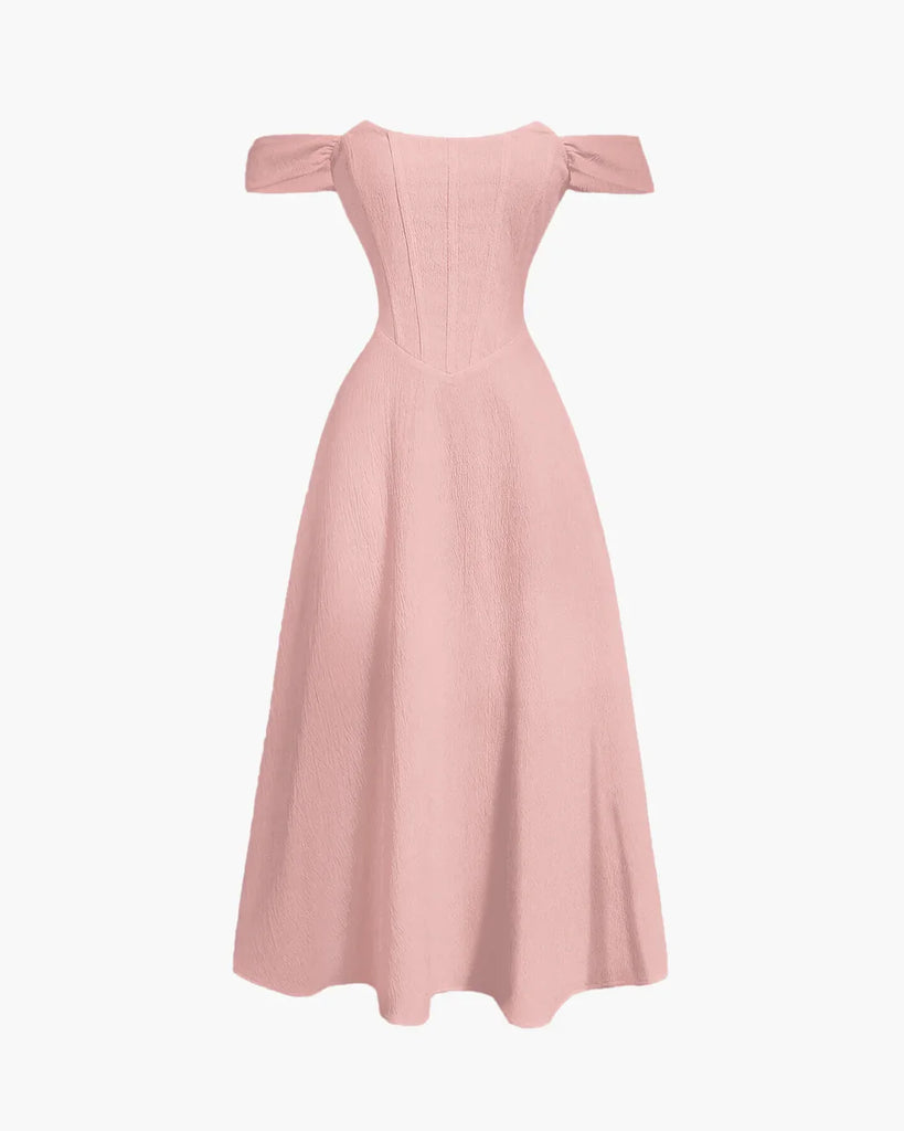 Powder_Pink_Faux_Fishbone_Design_Romantic_Off-Shoulder_Dress_2_1024x1024.jpg Powder Pink Faux Fishbone Design Romantic Off-Shoulder Dress - Image 1