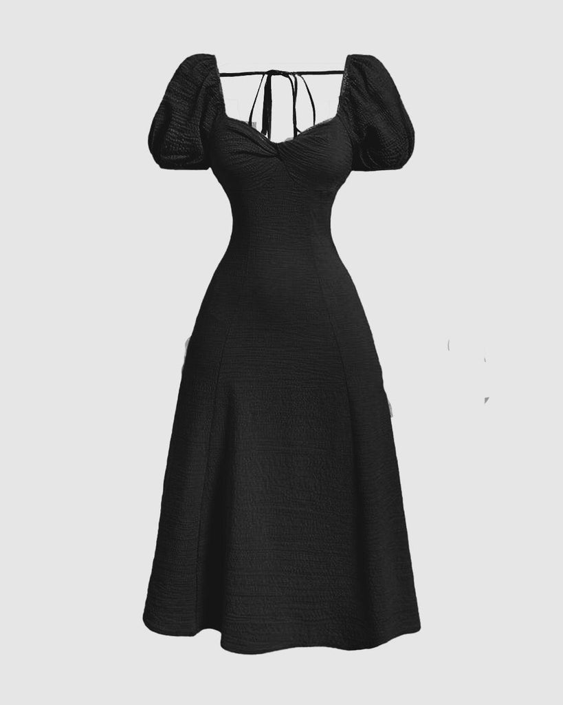 Puff_Sleeve_Cinch_Waist_1024x1024.jpg Summer Elegant Solid Color Puff Sleeve Cinch Waist Black Dress - Image 1
