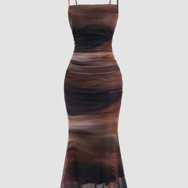 Ruched Sheer Mesh Mermaid Hem Dress