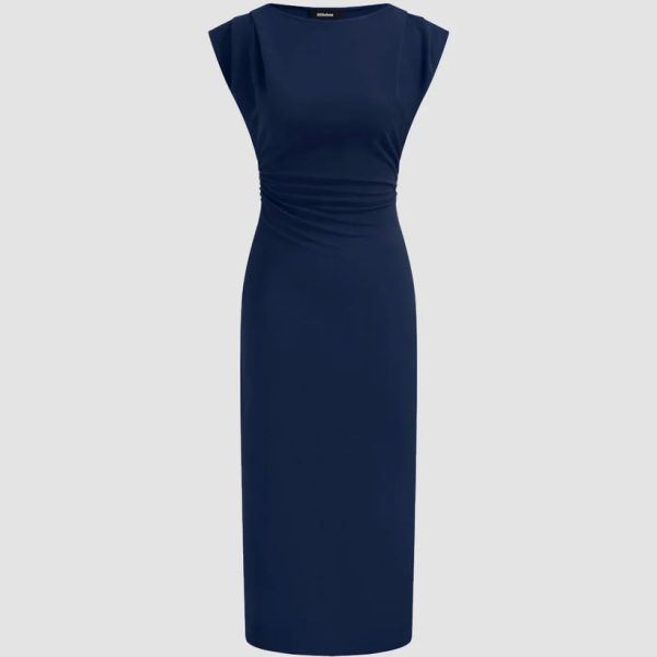 Ruched Waist Cap Sleeve Bodycon Midi Dress in Navy Blue