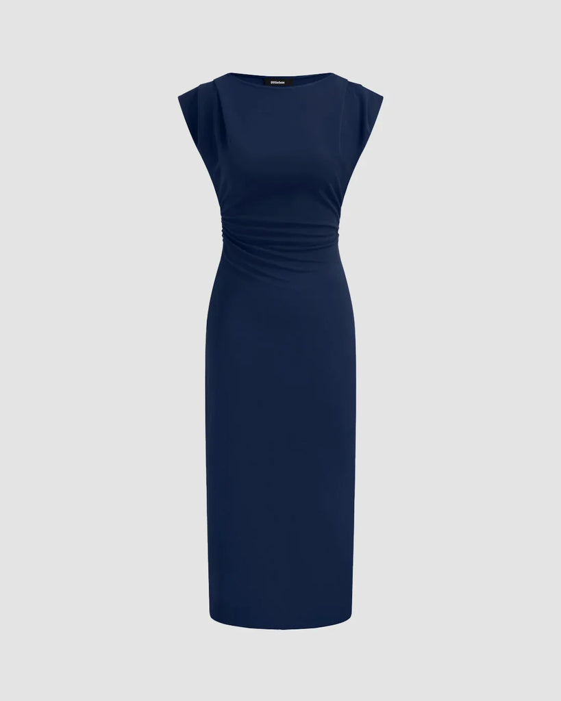 Ruched Waist Cap Sleeve Bodycon Midi Dress in Navy Blue - Image 1