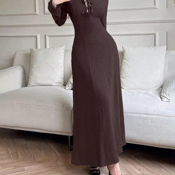 Solid Color Front Tie Long Sleeve Casual Long Dress In Brown