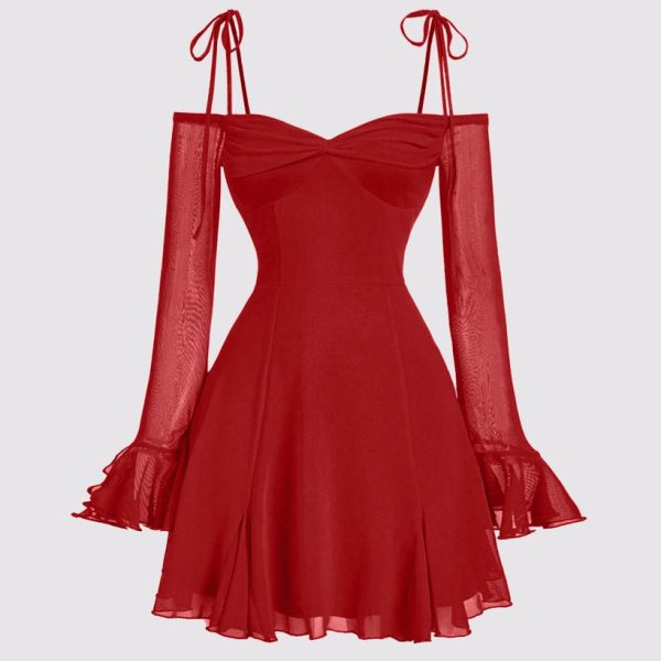 Solid Color V-Neck Bow Tie Waist Dress In Red