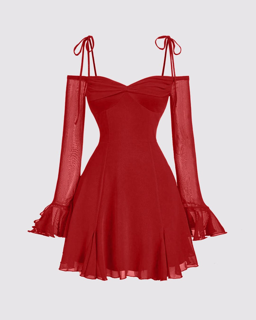 Solid Color V-Neck Bow Tie Waist Dress In Red - Image 1