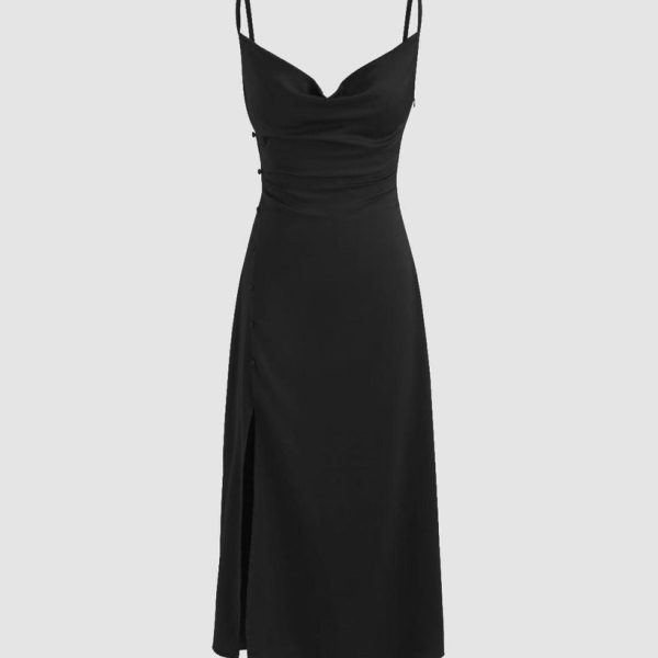 Solid Cowl Neck Slit Midi Dress in Black
