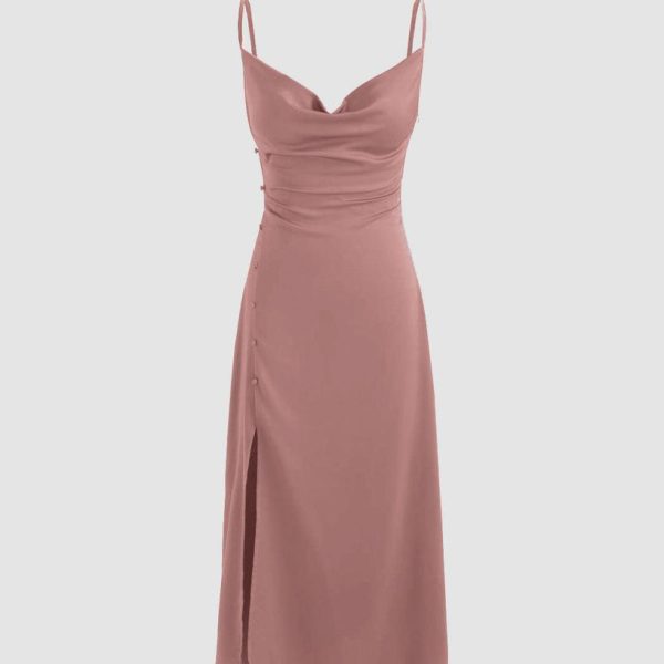 Cowl Neck Midi Dress with Slit in Solid Peach