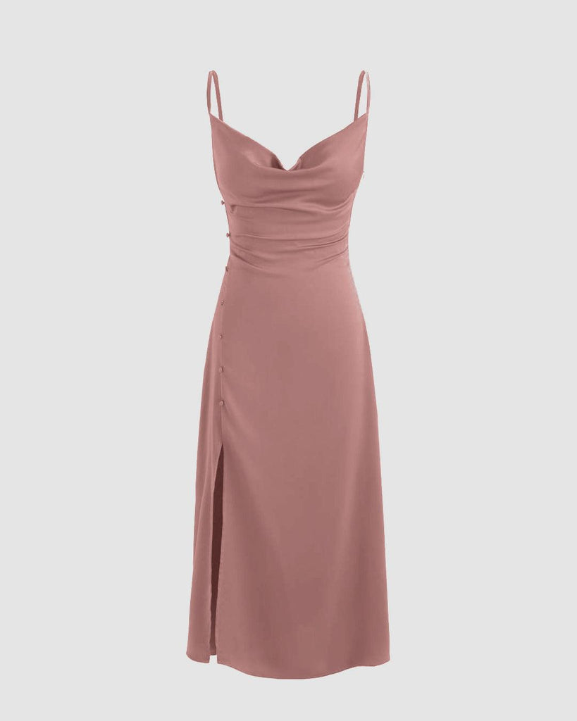 Solid_Cowl_Neck_Slit_Midi_Dress_in_Peach_1024x1024.jpg Cowl Neck Midi Dress with Slit in Solid Peach - Image 1