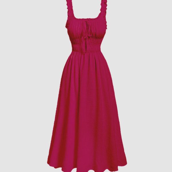 Solid Frill Trim Tie Front Hot Pink Dress