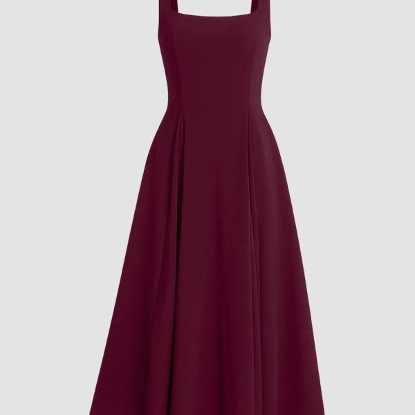 Square Neck Fit & Flare Maxi Dress in Burgundy