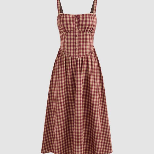 Square Neck Gingham Maxi Dress In Red