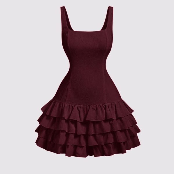 Square Neck Layered Cake Dress In Cherry Red