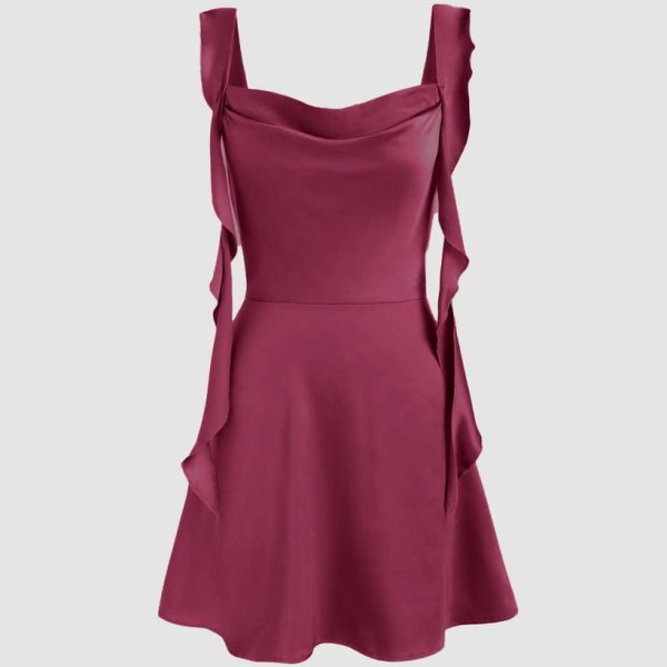 Square Neck Ruched Ruffle Rose Red Mini Dress