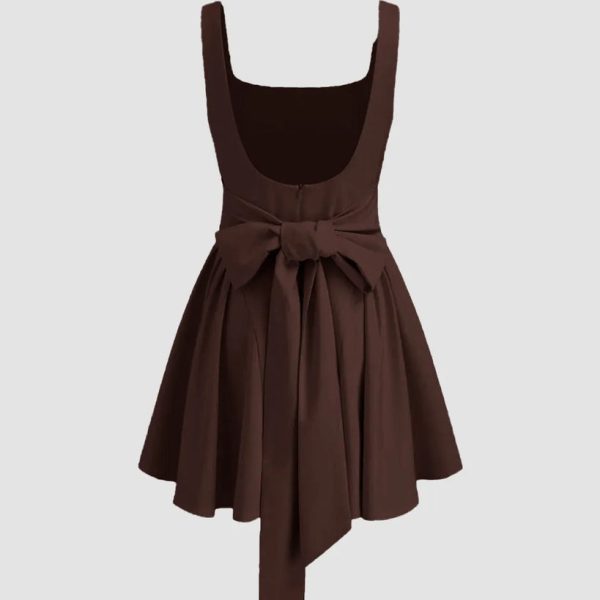 Square Neck Solid Ruffle Pleated Knotted Mini Dress In Dark Brown