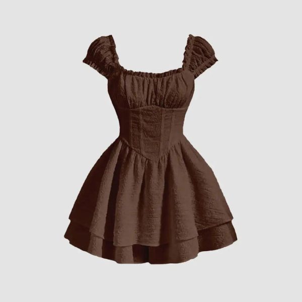 Square Neck Textured Waist-Cinching Chocolate Brown Dress