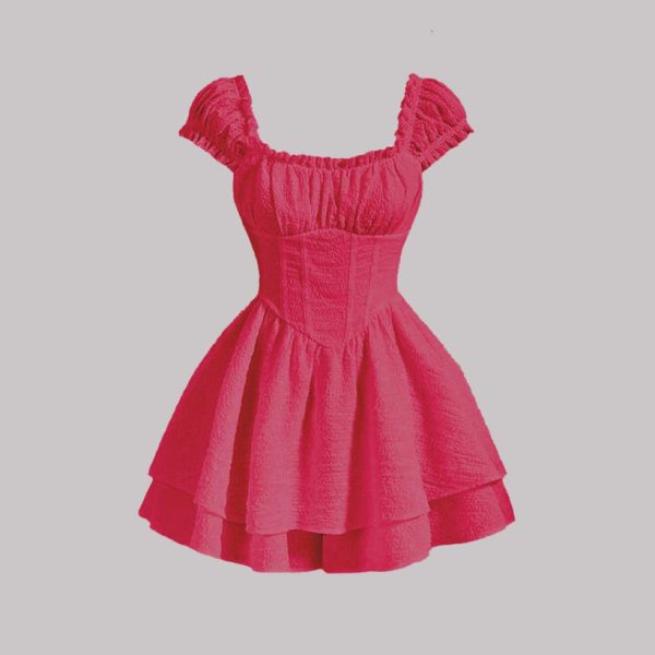 Square Neck Textured Waist-Cinching Pink Dress