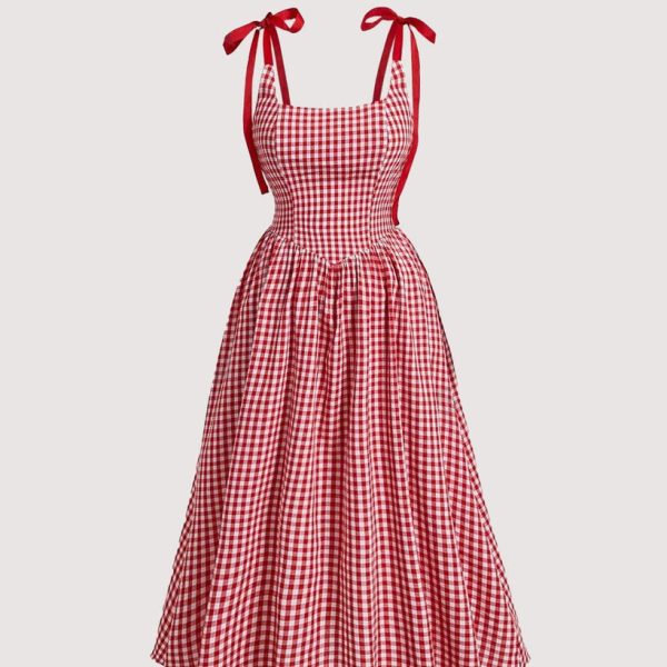 Summer Elegant Grid Shoulder Tie Red Cami Dress