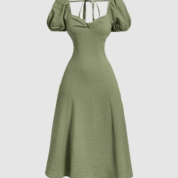 Summer Elegant Solid Color Puff Sleeve Cinch Waist Dress
