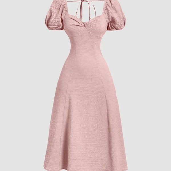 Summer Elegant Solid Color Puff Sleeve Cinch Waist Dress in Powder Pink