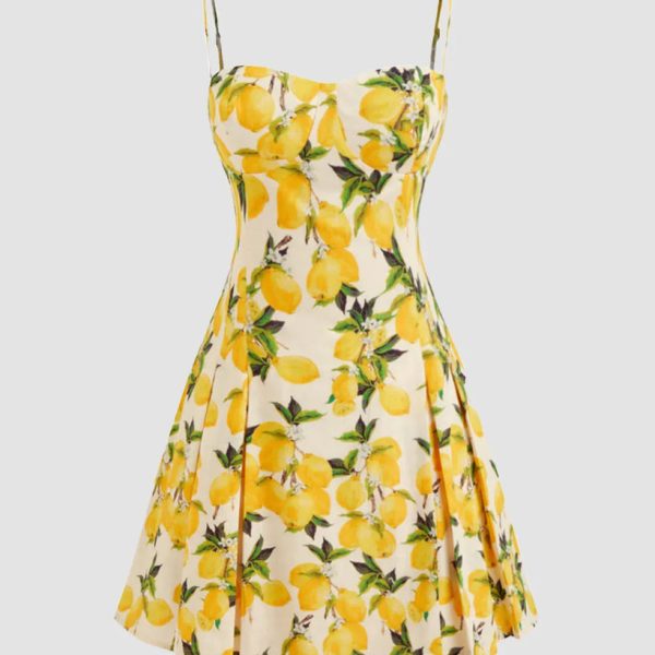 Sweetheart Neck Lemon Print A-Line Dress