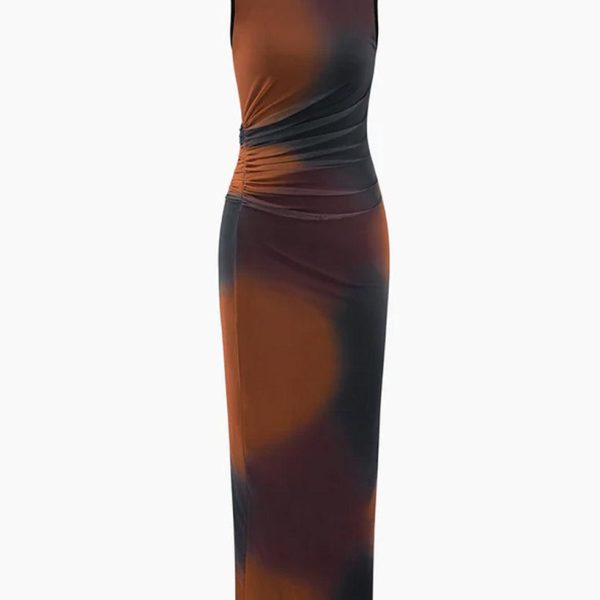 Tie Dye Sheer Mesh Slit Sleeveless Maxi Dress