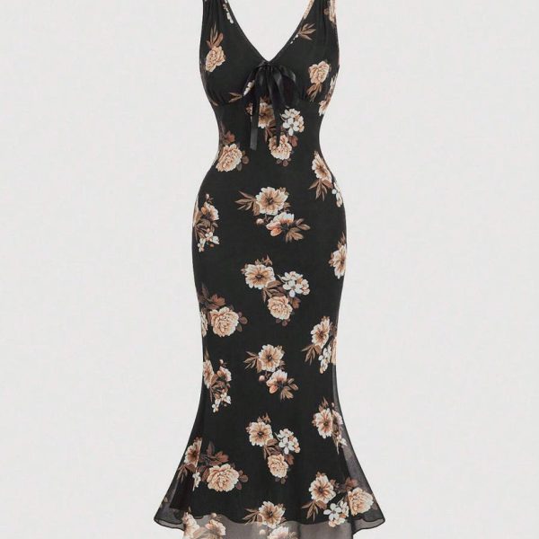 Vintage Printed Vest Dress With Front V-Neck Bow