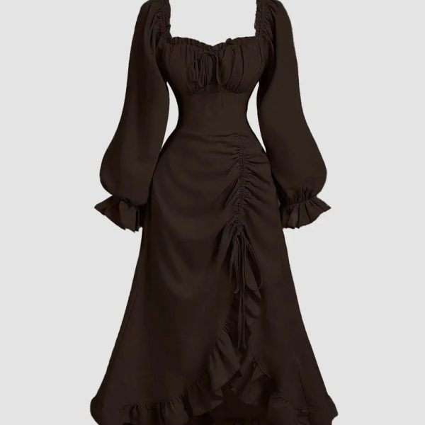 Vintage Square Collar Puff Sleeve Drawstring Ruffle Long Dress