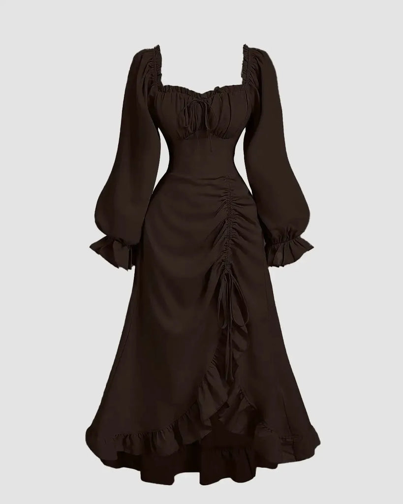 Vintage Square Collar Puff Sleeve Drawstring Ruffle Long Dress - Image 1