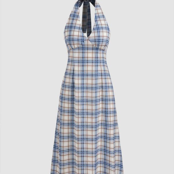 Woven Halter Check Knotted Midi Dress