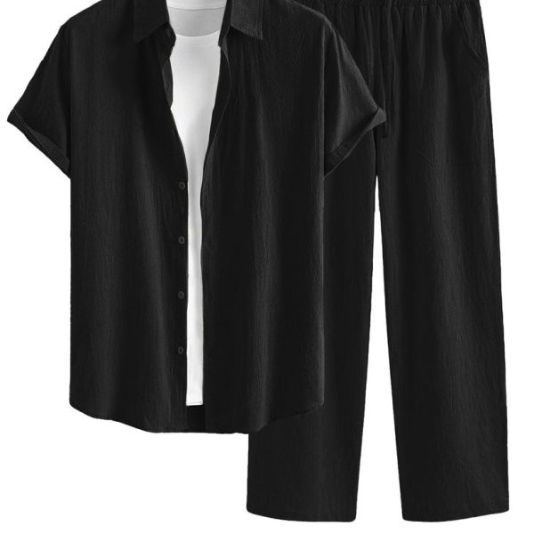 Men Two Piece Outfits Summer Comfortable Casual Short Sleeves Shirt And Pant In Black Without Tee