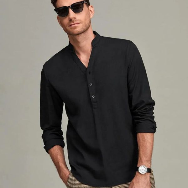 Men Solid Casual Style Half Button Black Shirt