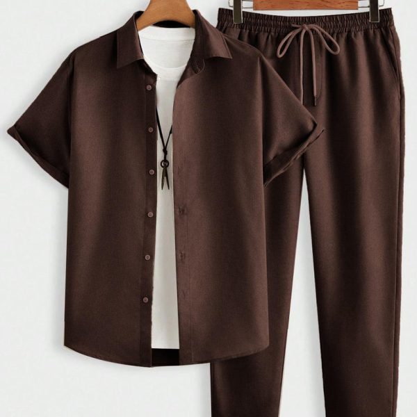 Men Vacation Solid Color Casual Shirt And Long Pants Set In Coco Brown