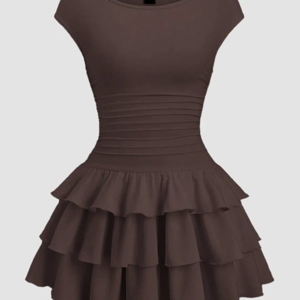 Ruched Waist Tiered Ruffle Mini Dress in Chocolate