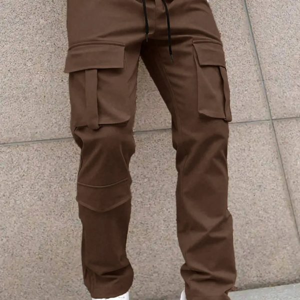 Men Solid Color Front Tie Pocket Simple Casual Straight Leg Cargo Pants In Chocolate Brown