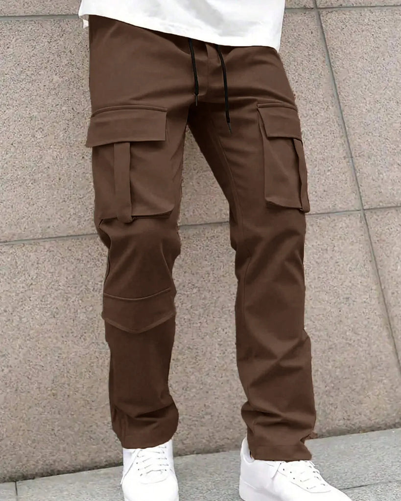 c149d30c3f87424a6403419d9f776e8d_1024x1024.jpg Men Solid Color Front Tie Pocket Simple Casual Straight Leg Cargo Pants In Chocolate Brown - Image 1
