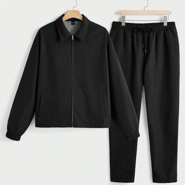 Men Stand Collar Long Sleeve Slim Fit Jacket And Pant In Black