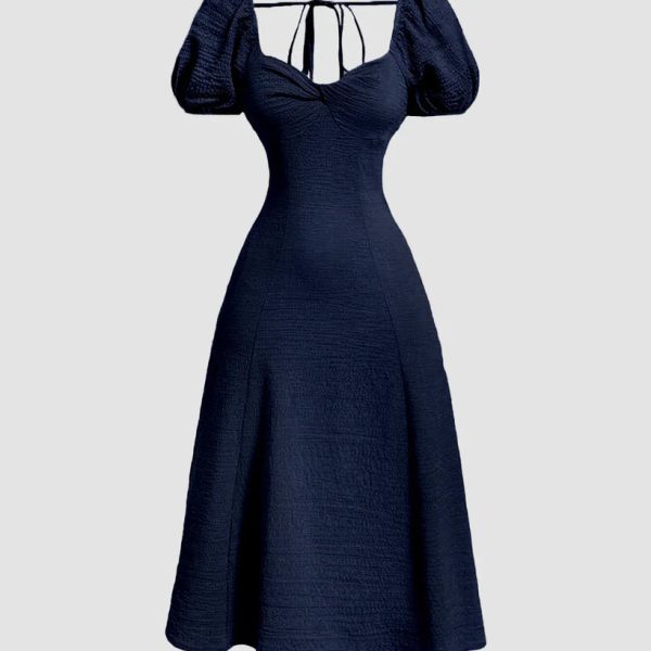 Summer Elegant Solid Color Puff Sleeve Cinch Waist Dress In Navy Blue