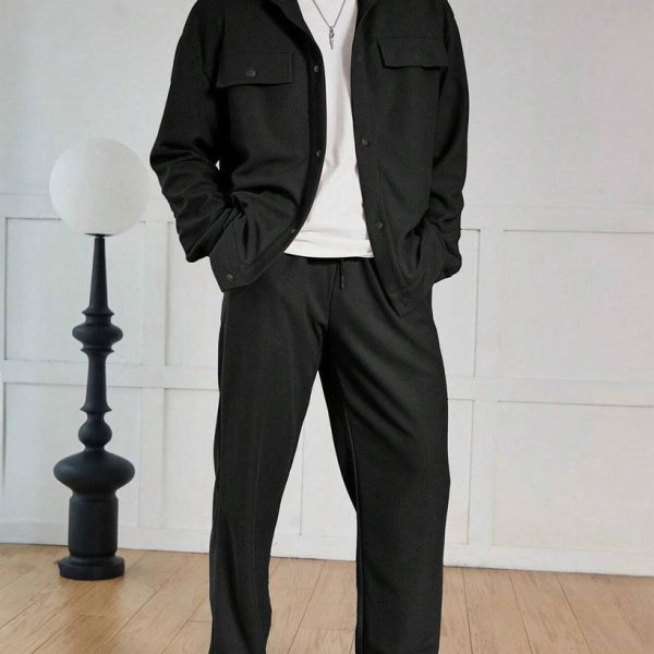 Men Waffle Texture Jacquard Shirt Set In Black