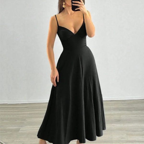 Deep Sweetheart Neck Flared Black Maxi Dress