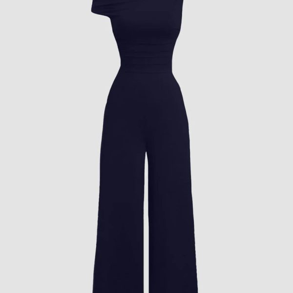 One-Shoulder Ruched Waist Wide Leg Jumpsuit in Dark Navy Blue